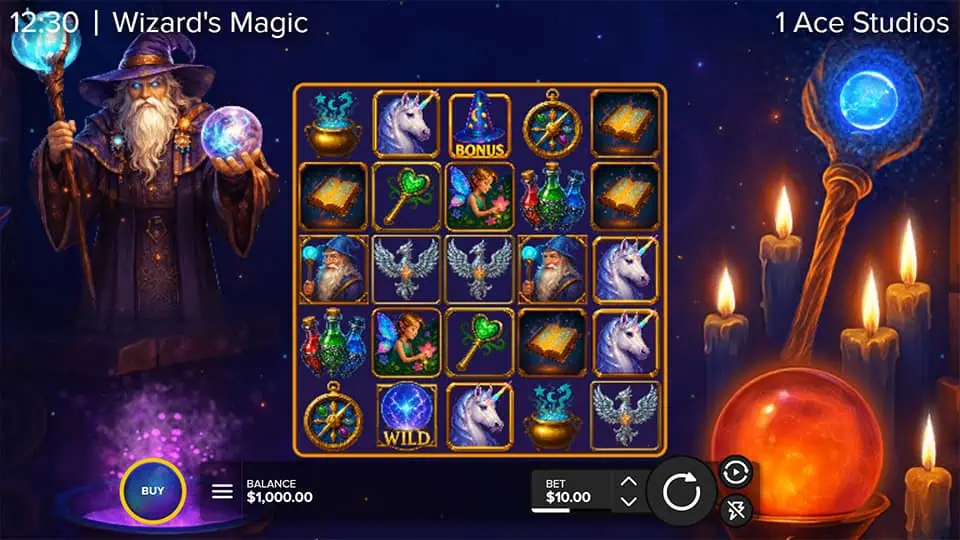 Base gameplay of Wizard’s Magic slot showing enchanted symbols like unicorns, spell books, and wizards on a starry backdrop.