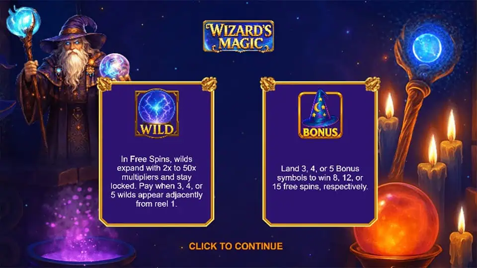 Intro panel for Wizard’s Magic slot featuring Free Spins, Expanding Wilds with multipliers up to 50x, and bonus trigger conditions.