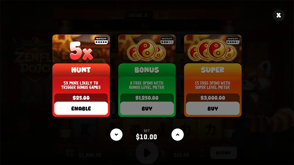 Bonus buy menu in ZenFu Dojo offering options like 5x Hunt, Bonus Spins, and Super Bonus with level meter.