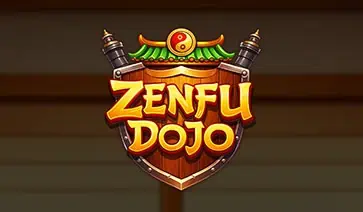 ZenFu Dojo slot logo with a wooden dojo shield and twin swords in a peaceful martial arts setting.