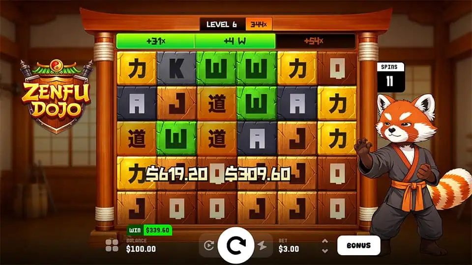 ZenFu Dojo gameplay screen with green-highlighted wild symbols and level-up bar showing active multipliers.