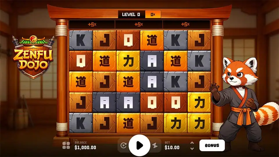 ZenFu Dojo base gameplay with Asian symbols on wooden blocks and a red panda sensei beside the reels.