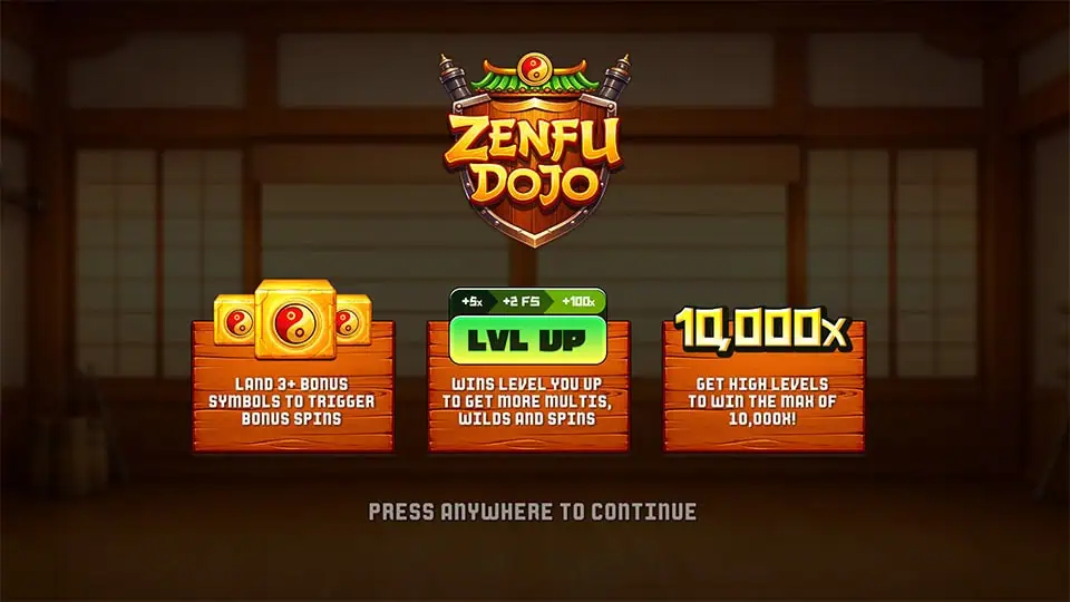 Intro screen of ZenFu Dojo slot showing bonus trigger, level-up mechanic, and max win of 10,000x.