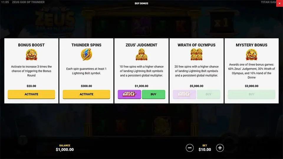 Buy Bonus menu in Zeus God of Thunder slot featuring options like Bonus Boost, Thunder Spins, Zeus’ Judgment, and Mystery Bonus.