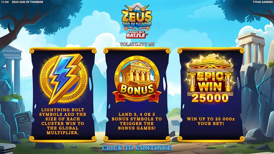 Intro screen of Zeus God of Thunder slot highlighting Lightning Bolt feature, Bonus symbol trigger, and max win of 25,000x.