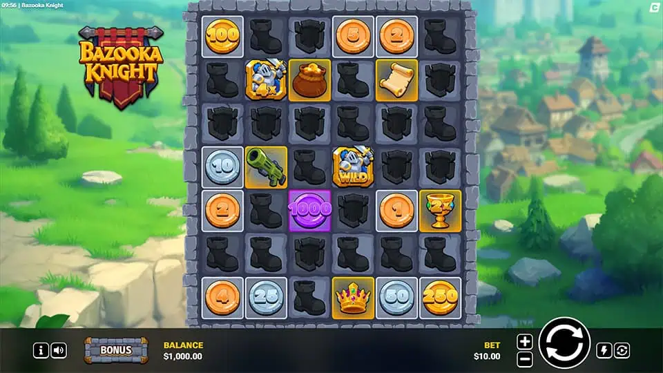 Castle-grid reels with coins, boots, scrolls, wilds, and bazooka symbols.