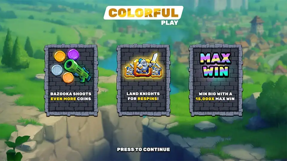 Feature preview with bazooka shots, knight respins, and 15,000x max win.