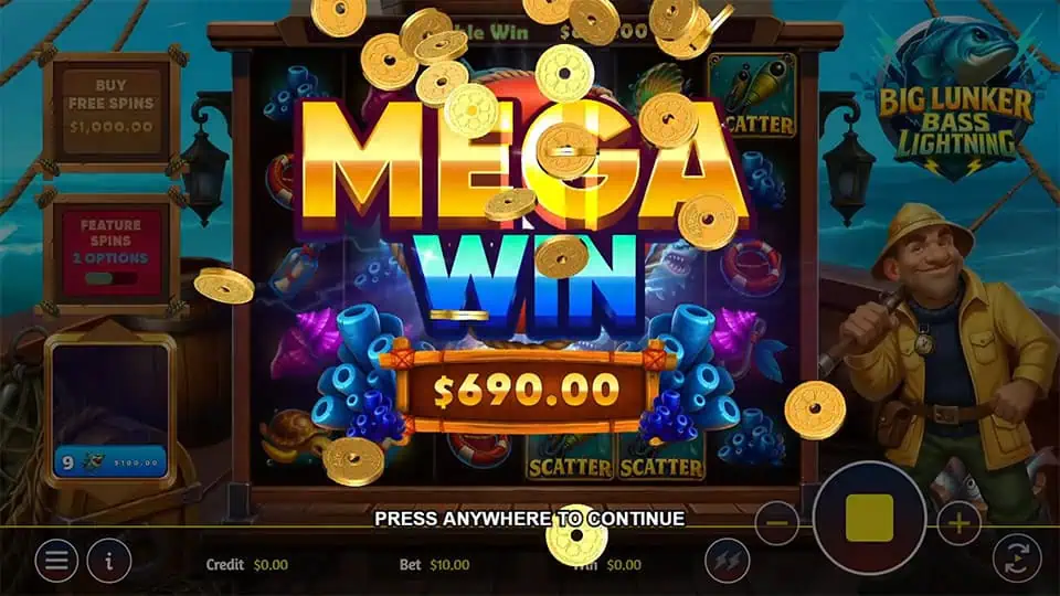 “MEGA WIN” message with coins flying over highlighted sea-themed reels.