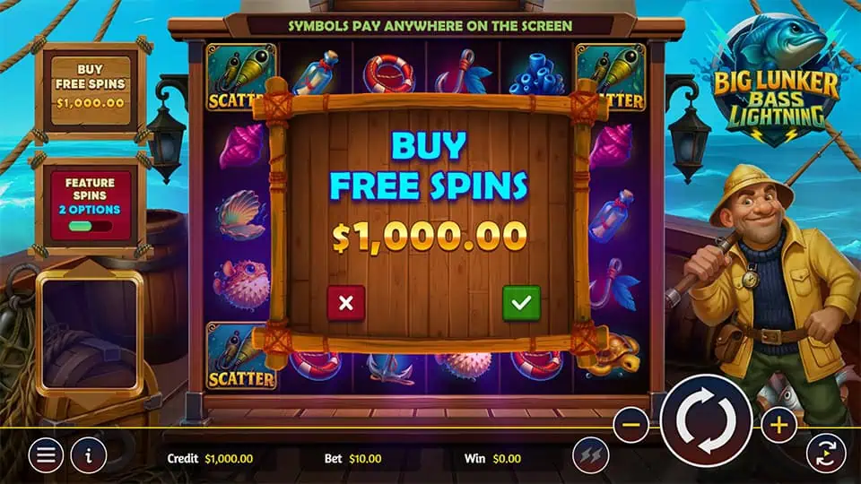 Buy Free Spins prompt displayed on wooden sign in the middle of the screen.