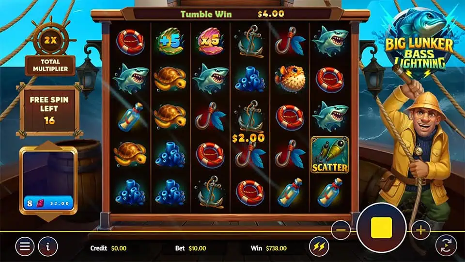 Tumble screen with 2x multiplier and bonus symbols during free spins.