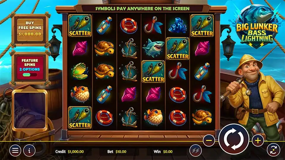 Reels packed with fish, hooks, bottles, and scatter symbols aboard a boat.