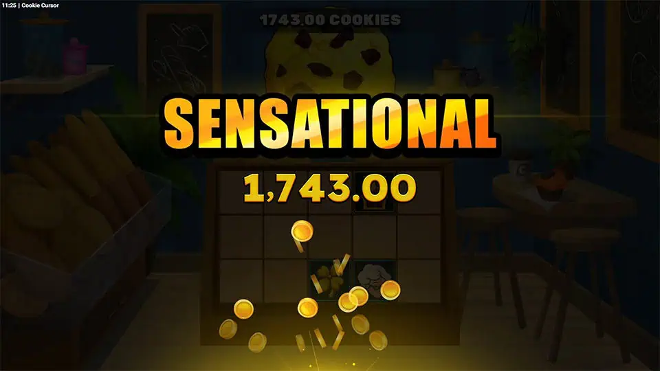 “SENSATIONAL” lights up in bold orange over a darkened bakery as gold coins rain down in front of the cookie counter.