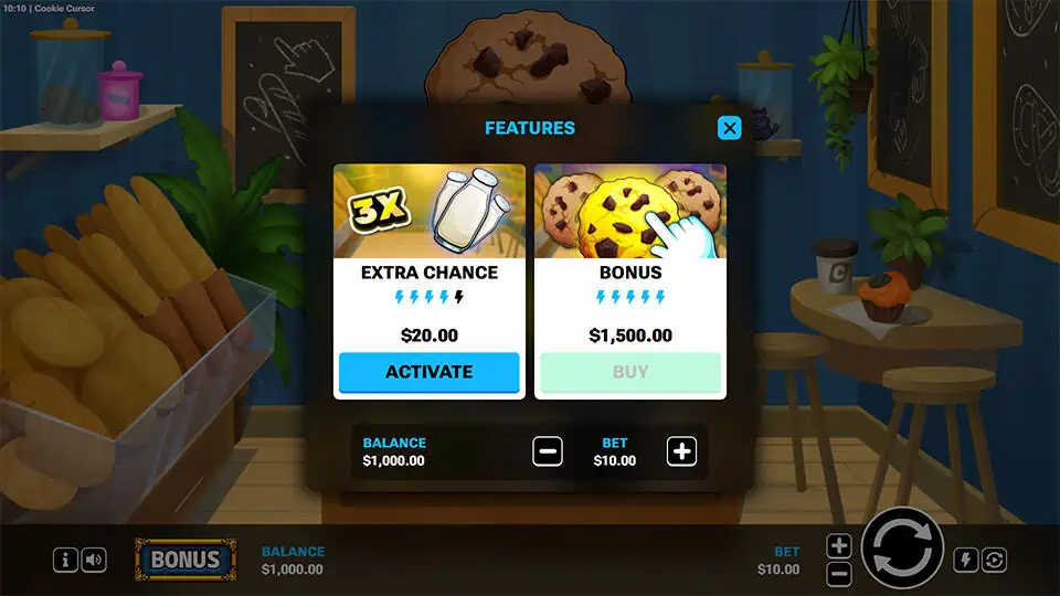 Feature panel offering Extra Chance and Bonus Buy options, with cookie-themed icons and lightning bolt activation.