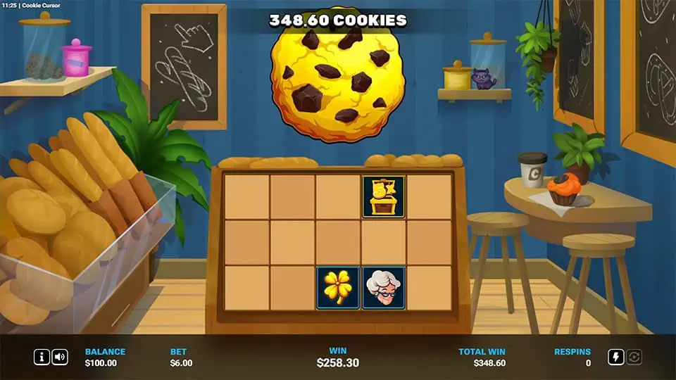 Bonus spin with a visible 5x chest symbol and sticky tiles on the grid, as the large cookie at the top counts cookie points.