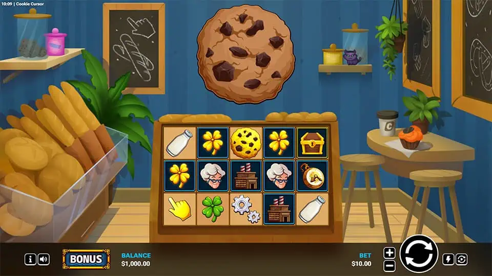 9-tile grid featuring cookies, milk, factories, grandmas, and golden chests set inside a cozy, blue-walled bakery scene.