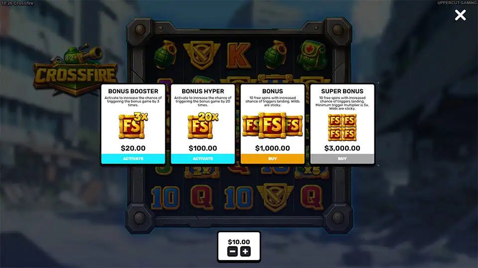 Menu showing four bonus options including Bonus, Super Bonus, and boosters.