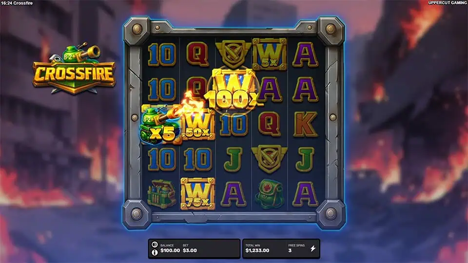 Tank shoots across reels powering up wilds with multipliers up to 100x.