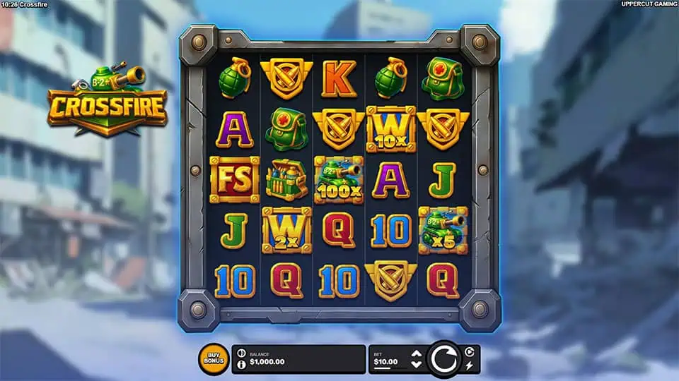 Reels filled with grenades, helmets, wilds, and a bonus buy button.