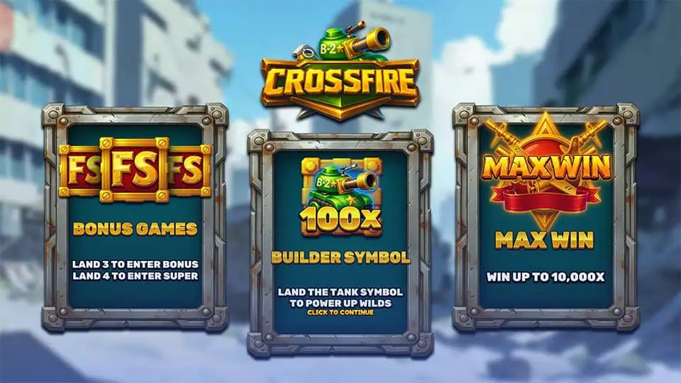 Bonus explainer with FS symbols, Builder Tank, and up to 10,000x win.