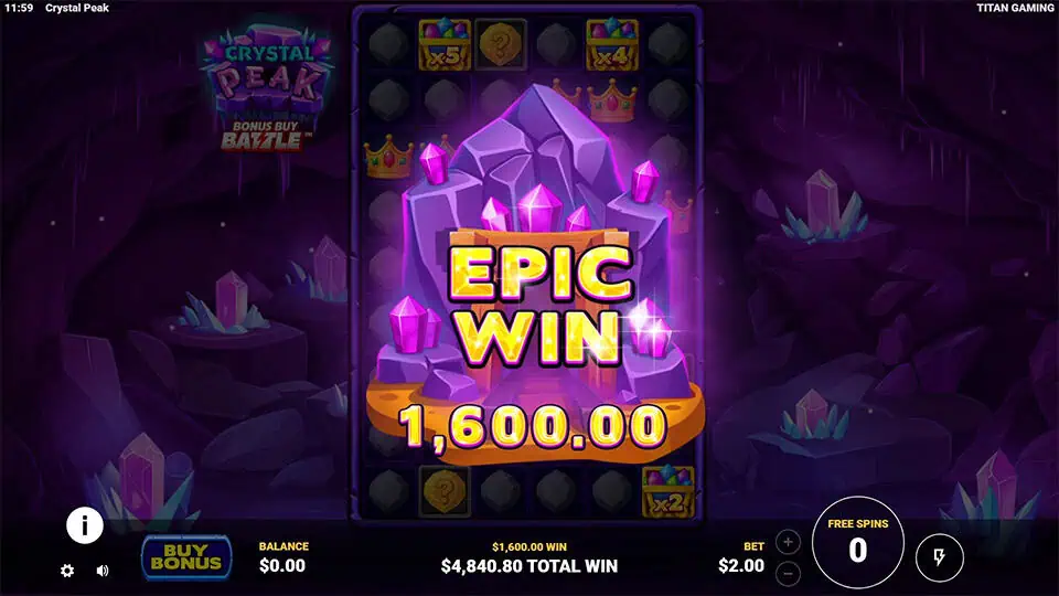“EPIC WIN” message glowing over a giant pink crystal, with shards exploding behind.