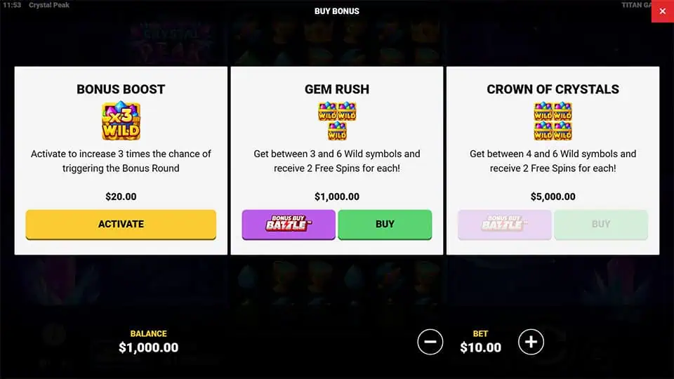 Menu offering Bonus Boost, Gem Rush, and Crown of Crystals features with activation buttons and Bonus Buy Battle branding.