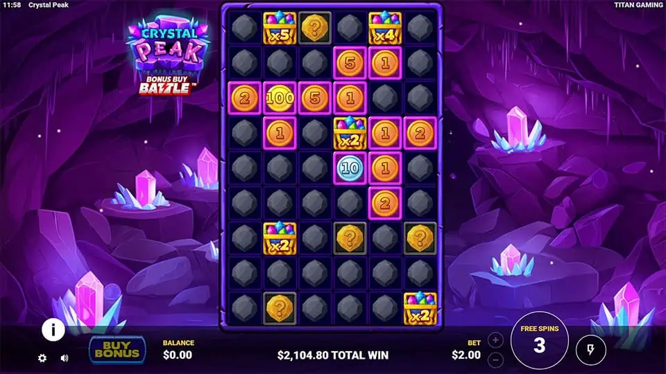 Bonus game with mystery coins revealing multipliers and values, surrounded by locked tiles and crystal symbols.