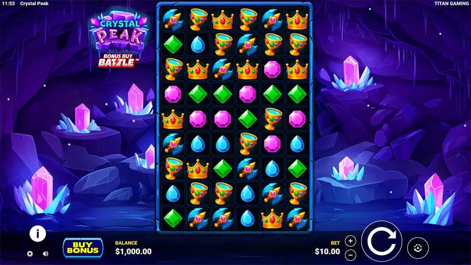 Tall grid layout with vibrant gems, potions, crowns, and crystal cave background.
