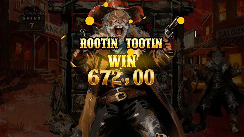 Grinning cowboy fires pistols with “Rootin Tootin Win” text and coin bursts.