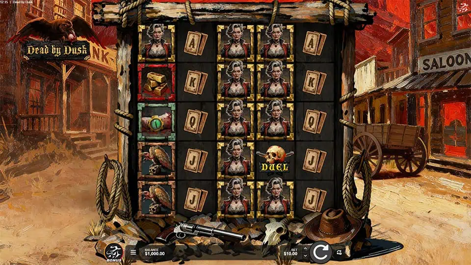 Reels set in a dusty Western town with outlaws, sheriffs, and saloon backdrop.