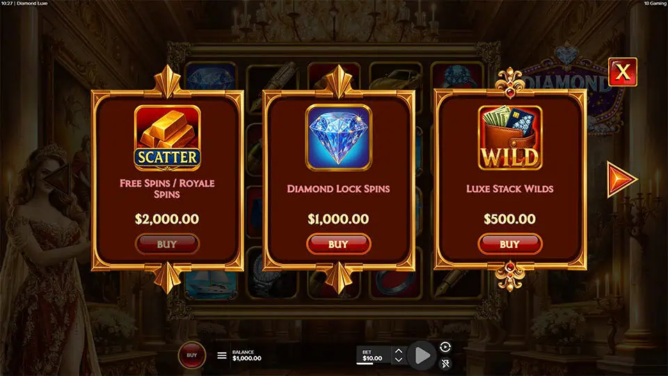 Panel with three purchasable features: Free Spins, Diamond Lock, and Luxe Stack Wilds.