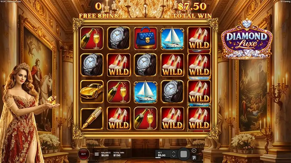 High heels as Wilds fill the screen during free spins inside a royal ballroom.