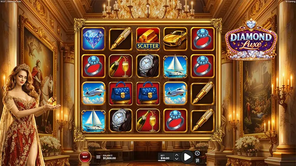 Golden reels filled with luxury-themed symbols like yachts, rings, watches, and private jets.