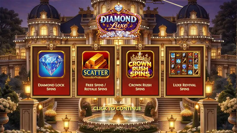 Game intro showing Diamond Lock Spins, Royale Spins, Crown Rush Spins, and Luxe Revival Spins.