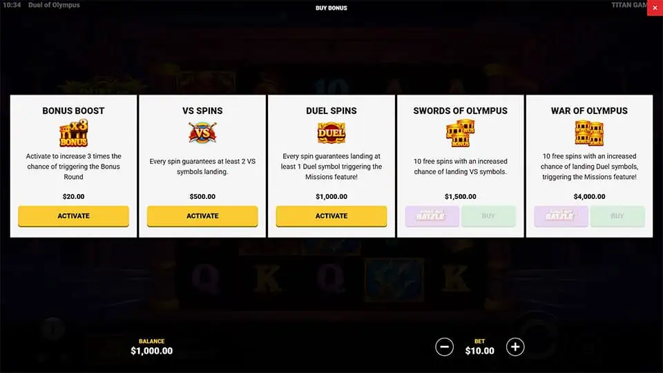 Bonus menu with multiple buy-ins including VS Spins, Duel Spins, and Swords of Olympus.