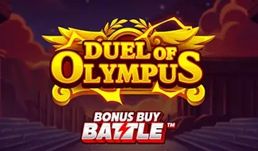 Duel of Olympus logo with Bonus Buy Battle branding over a divine temple backdrop.