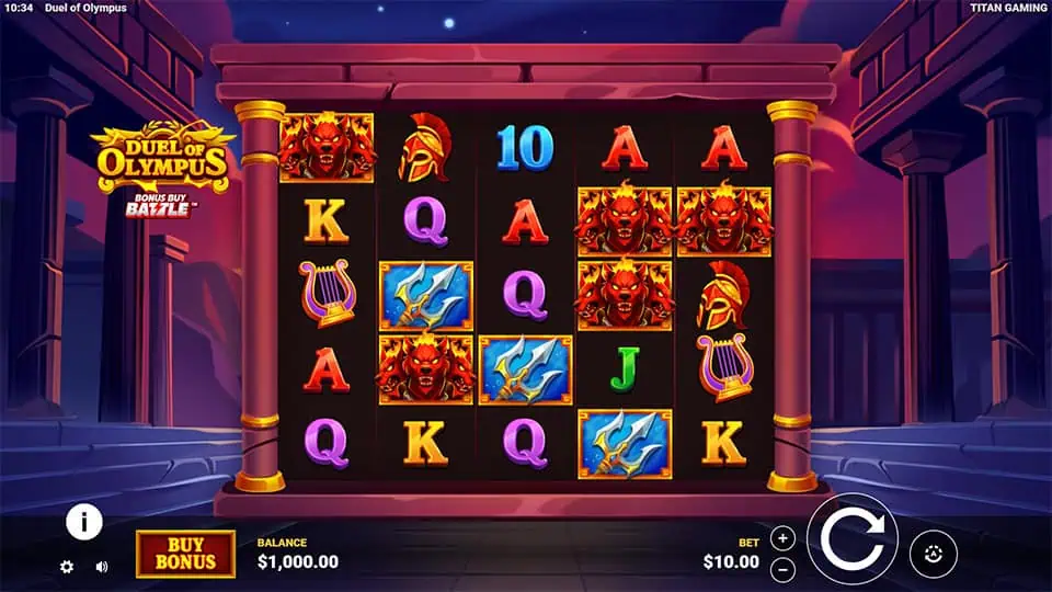 Base game with Greek-themed symbols like tridents, helmets, and lyres on temple reels.