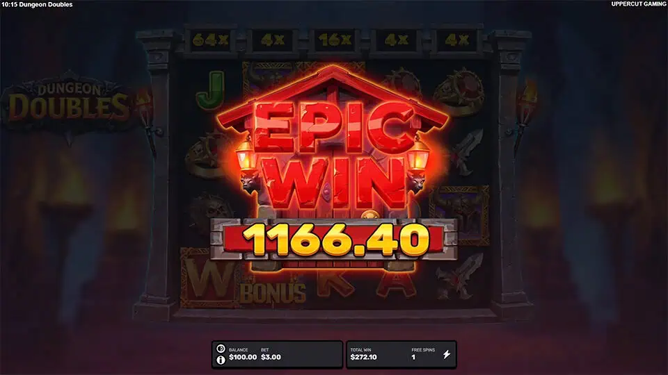 Reels fade into darkness as a blazing red “EPIC WIN” banner bursts onto the screen with dramatic glow and impact effect.