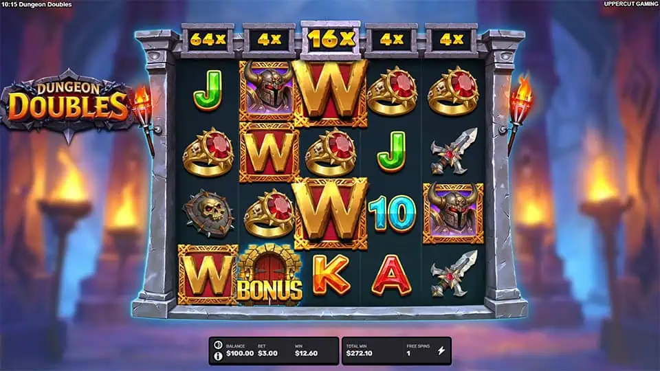 Active multipliers displayed above each reel like 64x and 16x while stacked Wilds land across the dungeon grid.