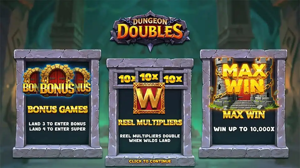 Stone tablet panels highlighting Bonus Games, Reel Multipliers and Max Win up to 10,000x with bold dungeon-themed design.