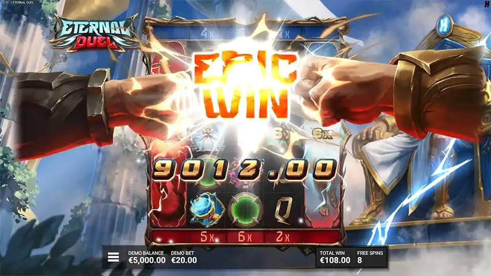 Two fists clash in the center as “Epic Win” lights up over the reels.
