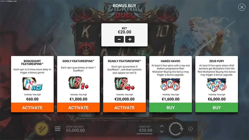 Menu showing five bonus buys including FeatureSpins and god-specific modes.