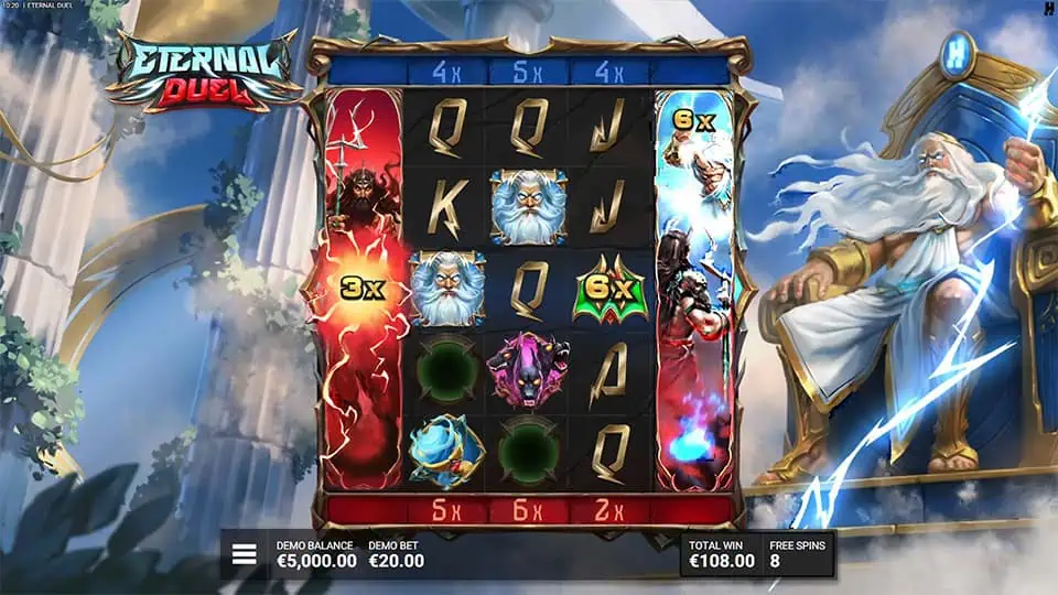 Reels with VS multipliers and Zeus vs Hades symbols active during free spins.