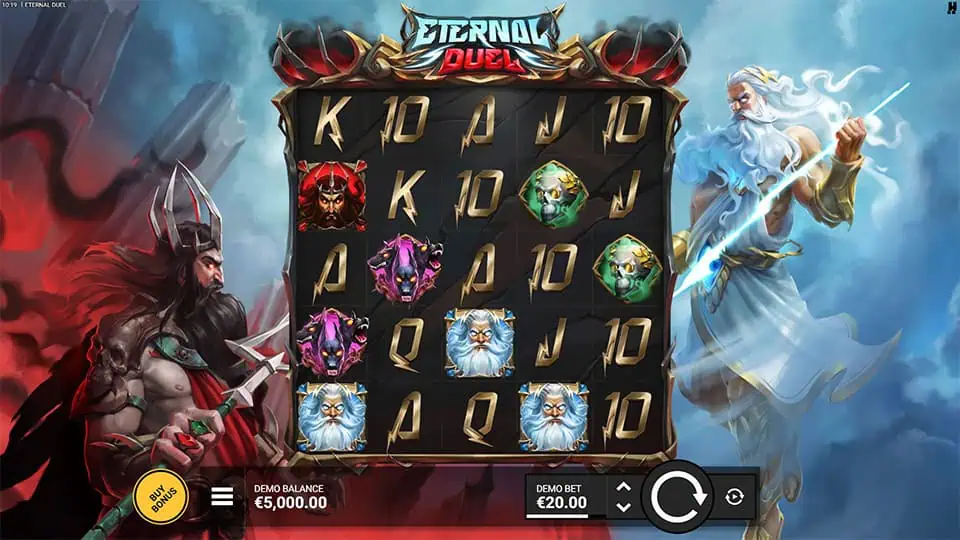 Main reels with Zeus and Hades beside symbols like gods, beasts, and weapons.