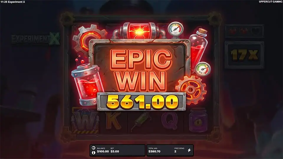 Big win screen showing “EPIC WIN” with a payout of 561.00 and lab-themed visuals in the background.