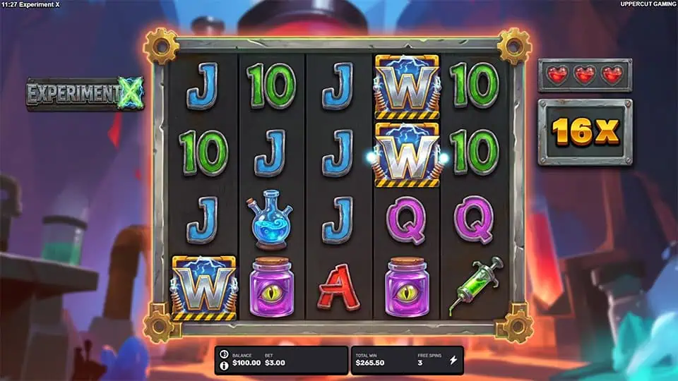 Free spins screen with “W” wild symbols stacked, 16x multiplier shown on the side, and hearts indicating remaining spins.