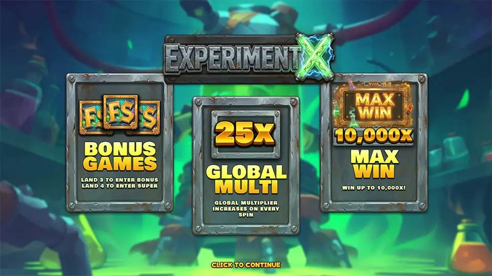 Feature highlights screen showing Bonus Games, Global Multiplier (25x), and Max Win (10,000x), with a lab backdrop.