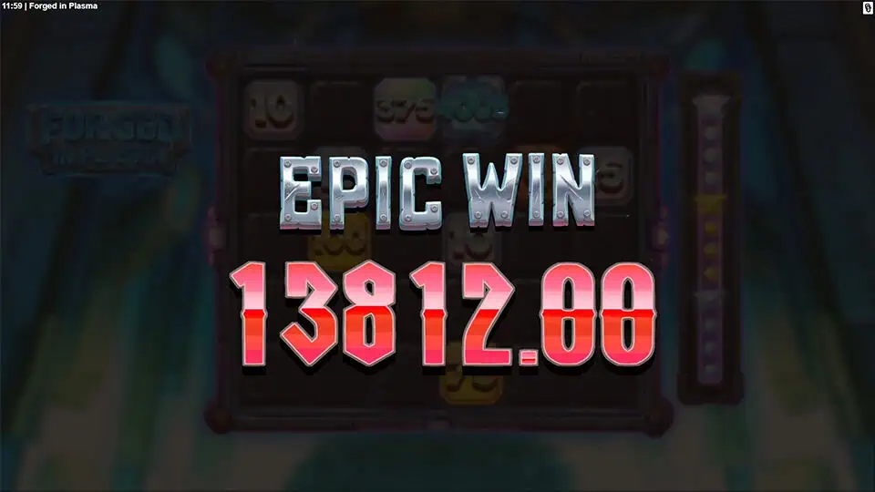 “EPIC WIN” appears in bold metallic letters with a red glow, over blurred reels stacked with multipliers and charge indicators.