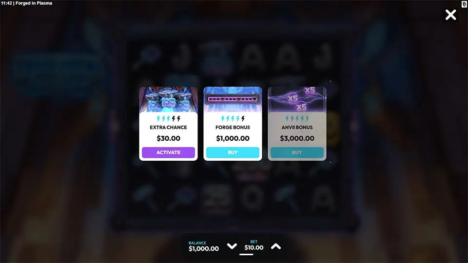 Feature menu offering Extra Chance, Forge Bonus, and Anvil Bonus buys, each with lightning symbols and sci-fi styled panels.