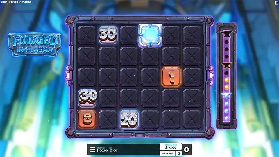 Grid-based bonus round with locked cells and activated values like 30, 20, and 8, including a visible collector symbol storing charges.