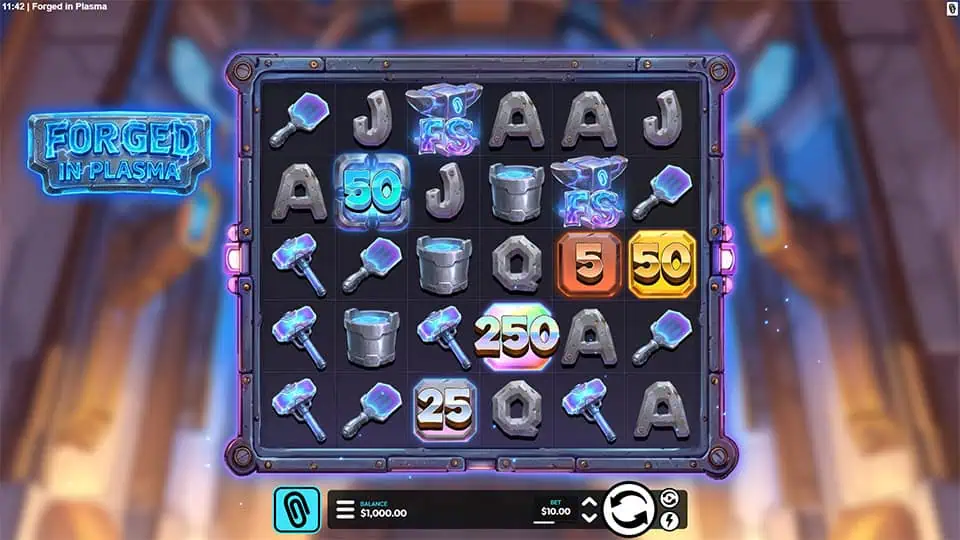 Reels filled with hammers, anvils, molten blocks, and glowing number tiles, framed in metal with a sci-fi forge ambiance.